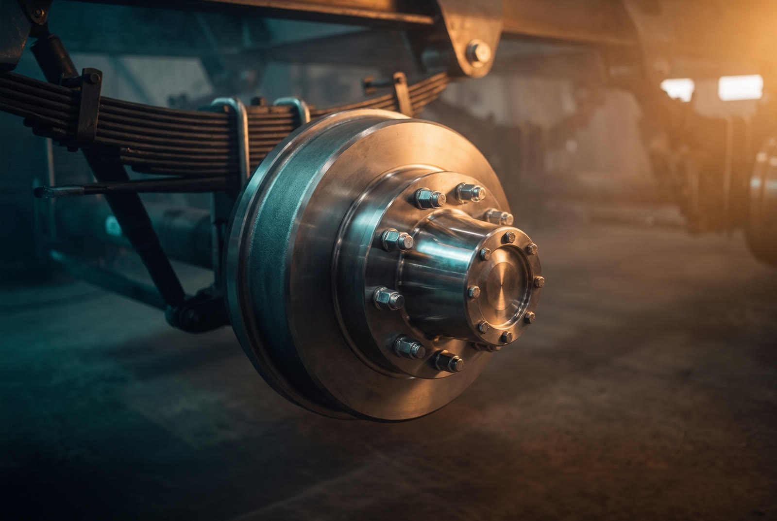 A polished chrome and aluminum wheel hub and brake assembly on a finished heavy-haul axle