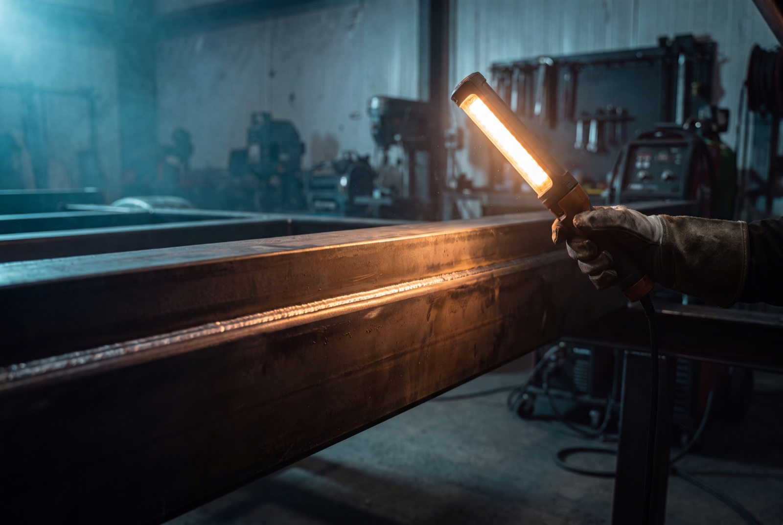 A fabricator raking a bright inspection lamp across a finished weld seam on a heavy steel trailer frame