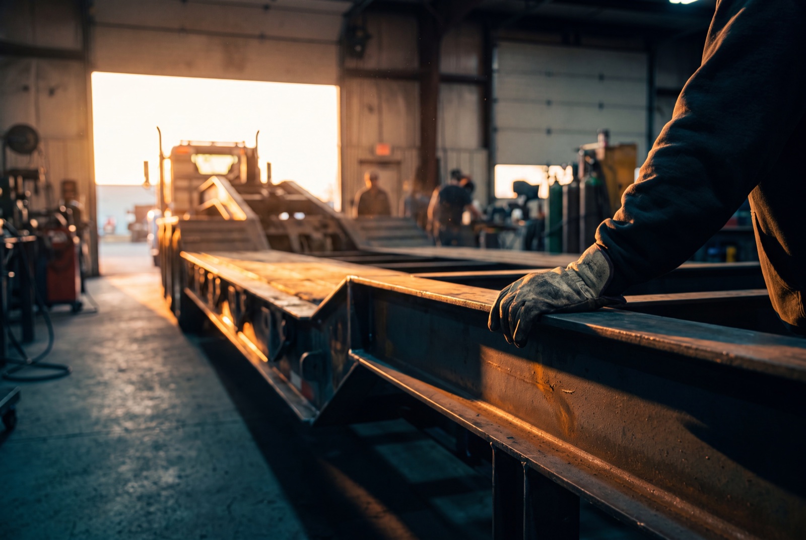 A finished lowbed trailer in the shop at dusk, a hand resting on the frame rail, warm light through the bay door