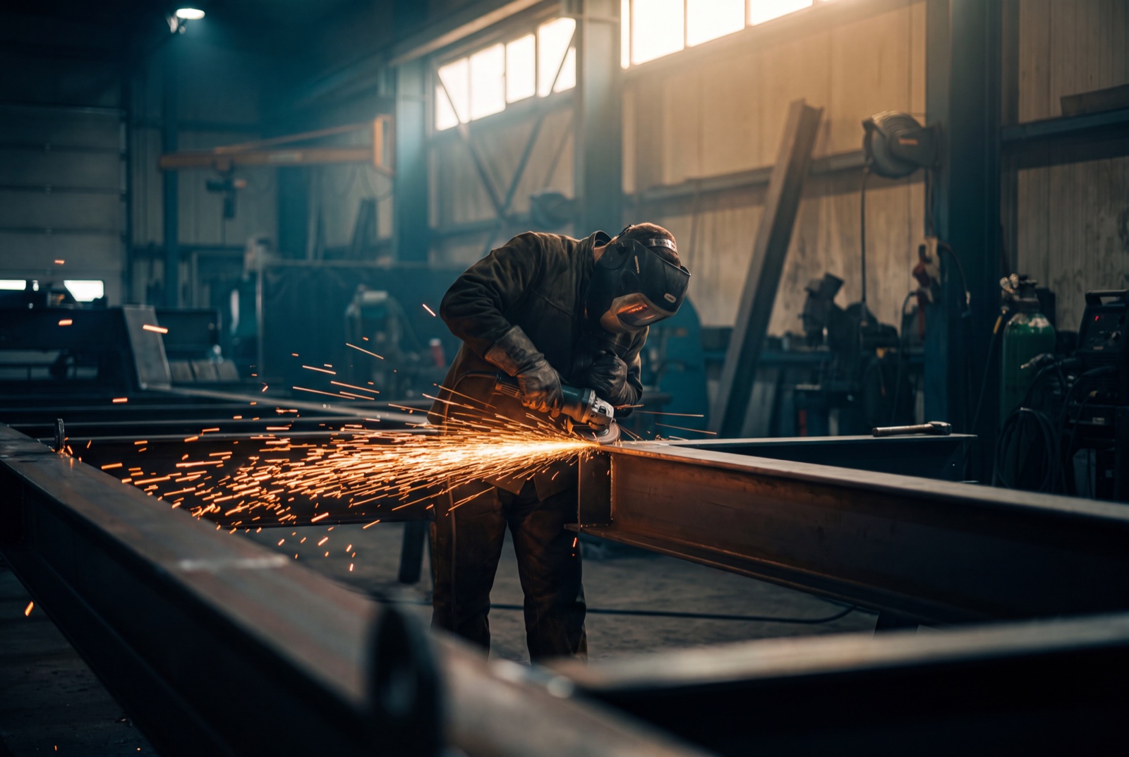 A fabricator grinding a steel trailer frame smooth, a bright fan of orange sparks arcing off the metal