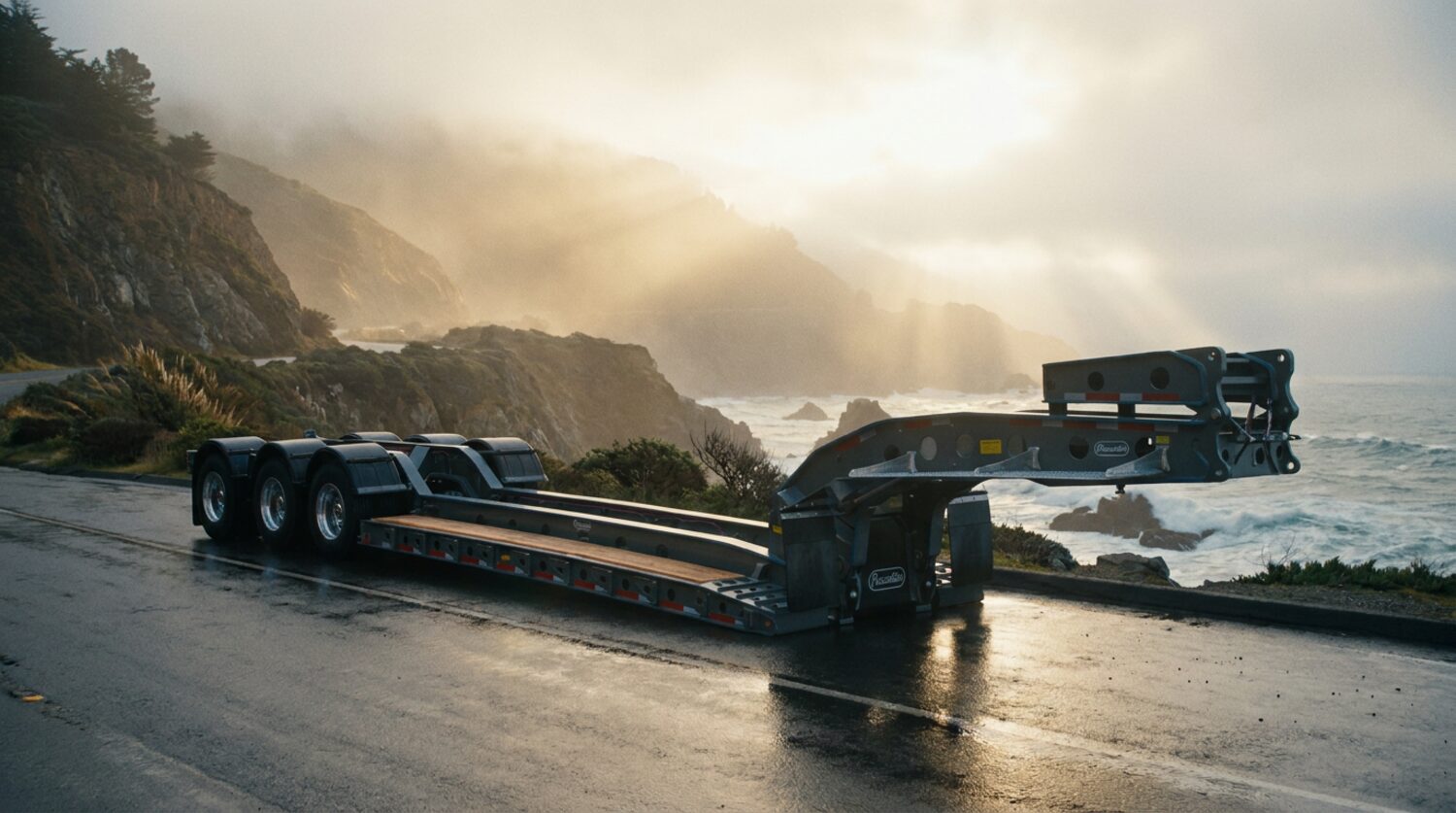 A Pacesetter lowbed on a coastal highway at dawn