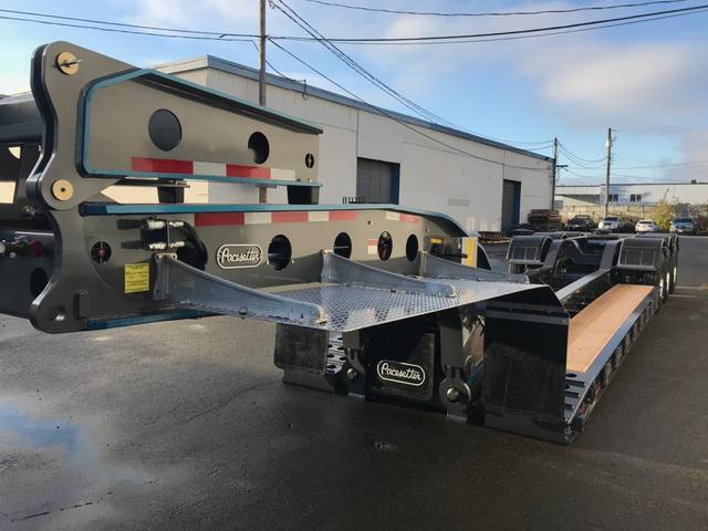 Charcoal 75 ton lowbed with light blue pinstriping and its two axle nitrogen booster, photo 6 of 26