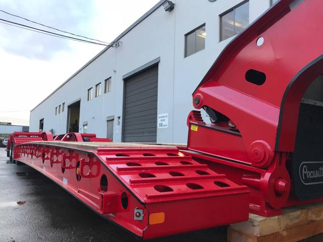 Red 75 ton lowbed with folding rear ramps at the Pacesetter yard, photo 6 of 12