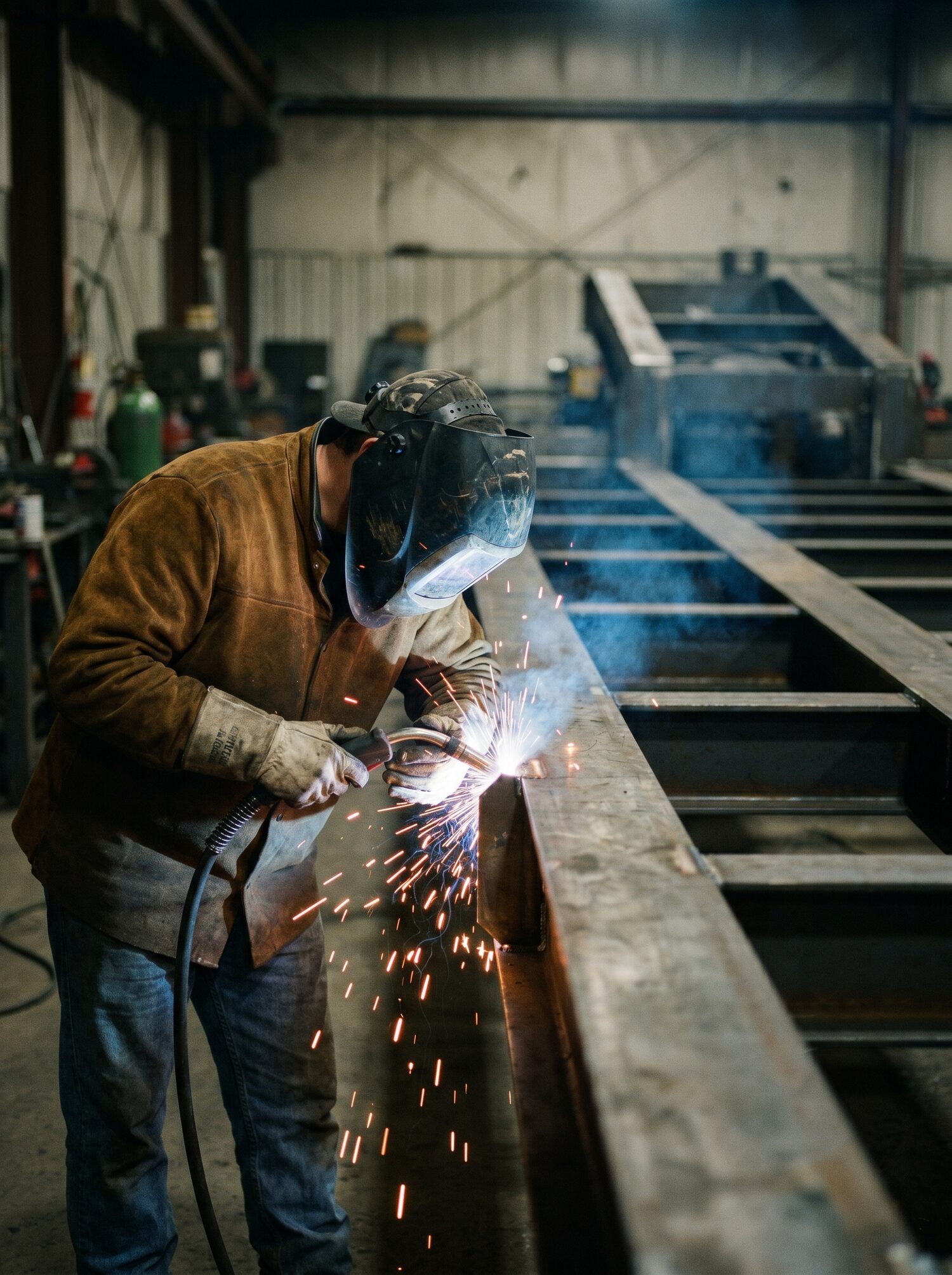 A Pacesetter welder laying a bead on a trailer frame, sparks flying