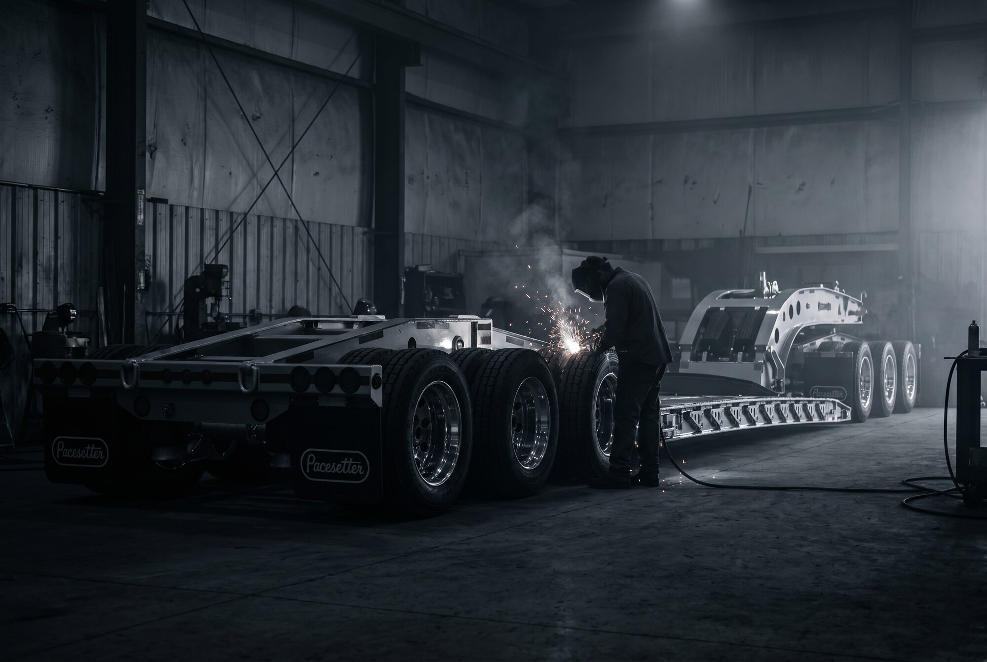 A welder working a trailer frame in the Pacesetter shop, sparks lighting the floor