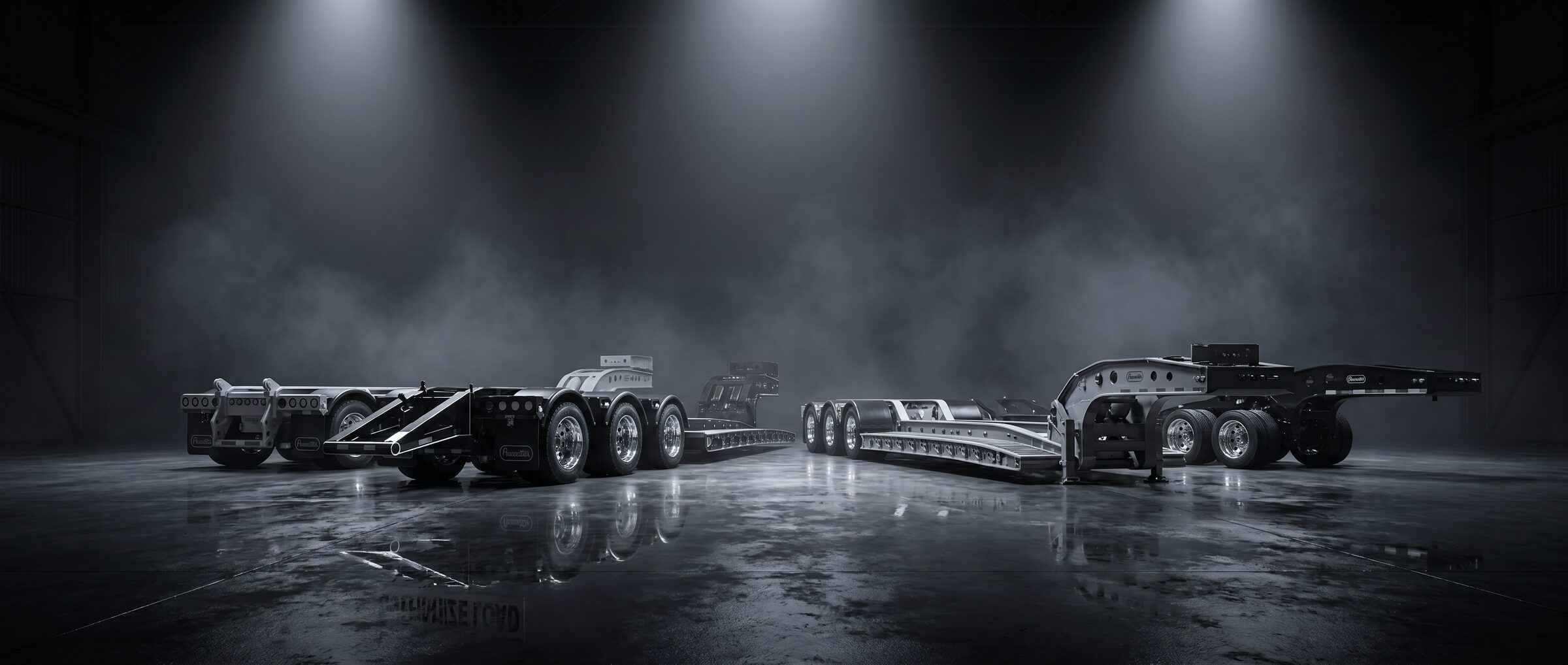 Pacesetter lowbeds, boosters and jeeps staged side by side under overhead lights