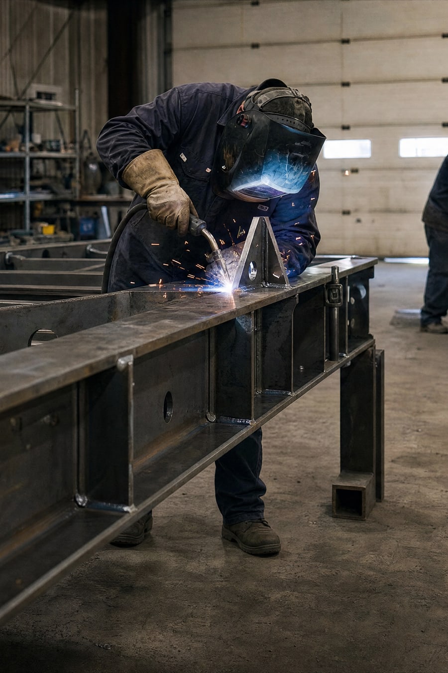 A welder working along a steel frame, sparks flying