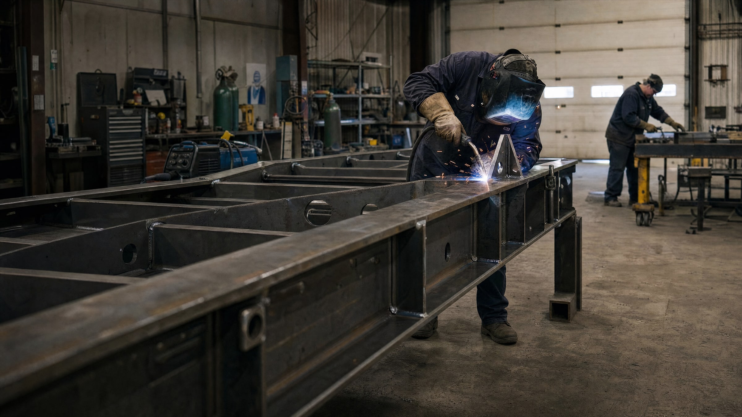 Craftspeople welding and fitting a steel trailer frame in a working fabrication bay