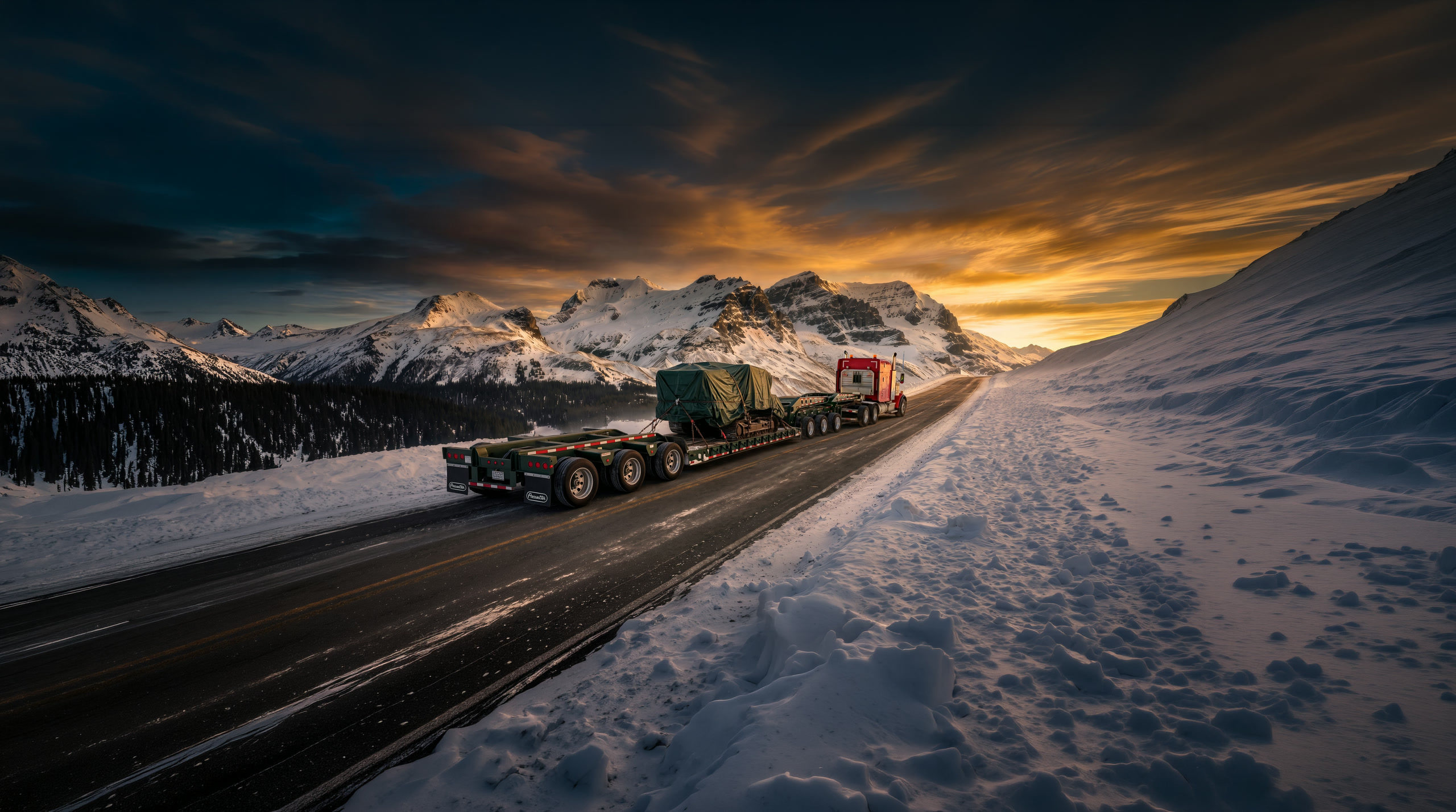 A loaded green Pacesetter heavy-haul train with booster climbing a snow-packed mountain highway at sunset