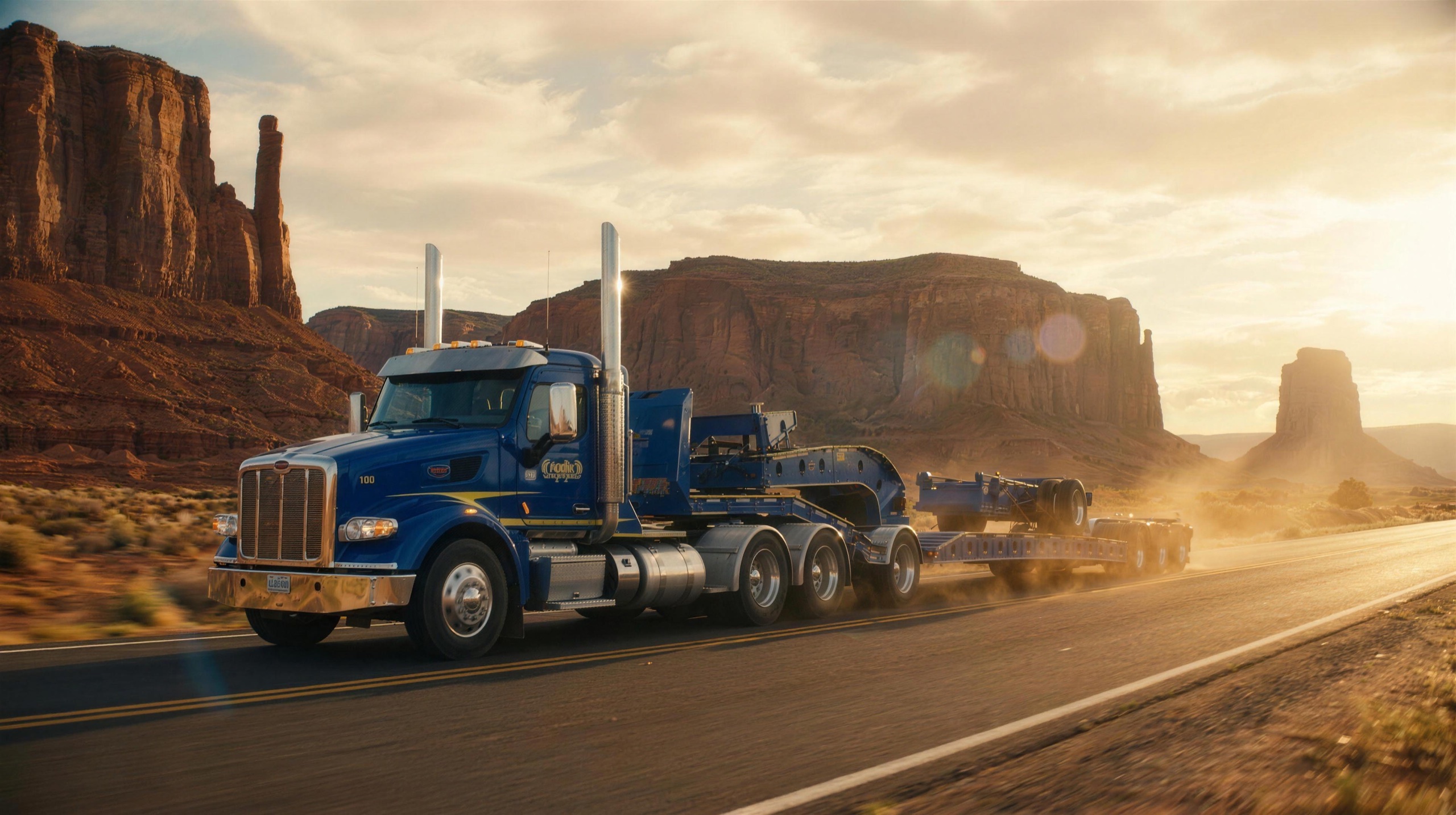 A blue Pacesetter lowbed rolling through a desert valley at golden hour behind a blue highway tractor
