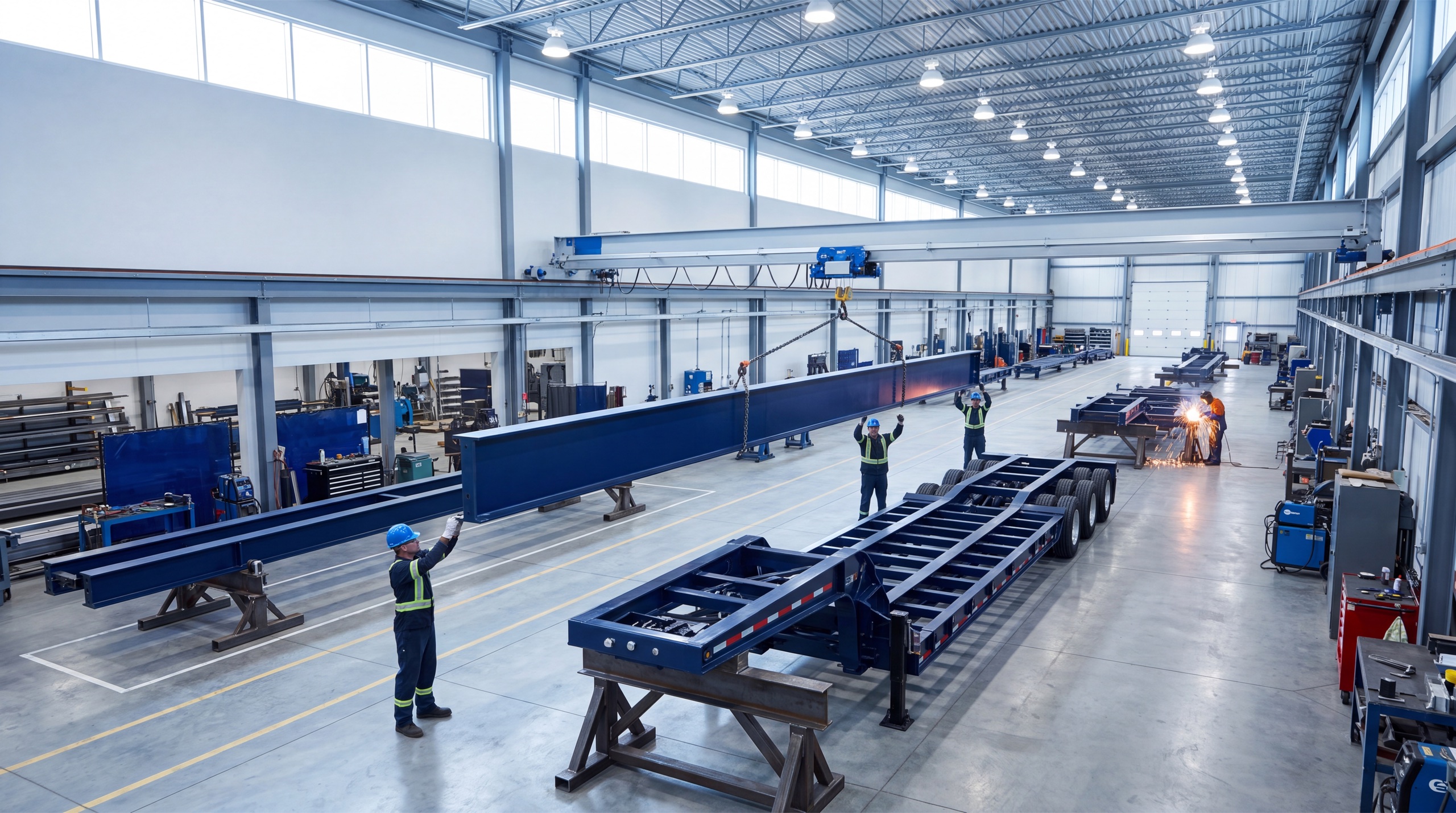 Bright Pacesetter fabrication bay with an overhead crane flying a navy beam toward a lowbed frame while the crew guides it