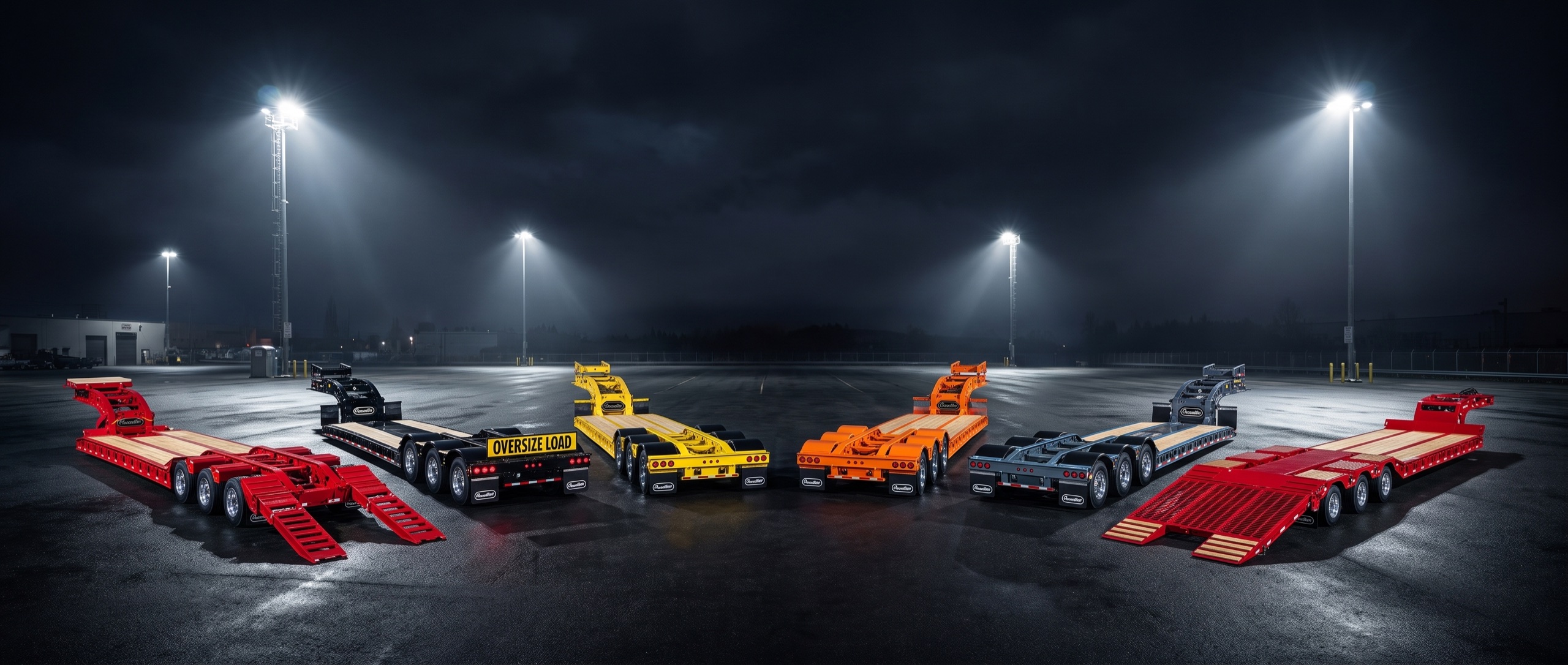 Pacesetter lowbeds and boosters in red, yellow, orange and black lined up under floodlights in the night yard
