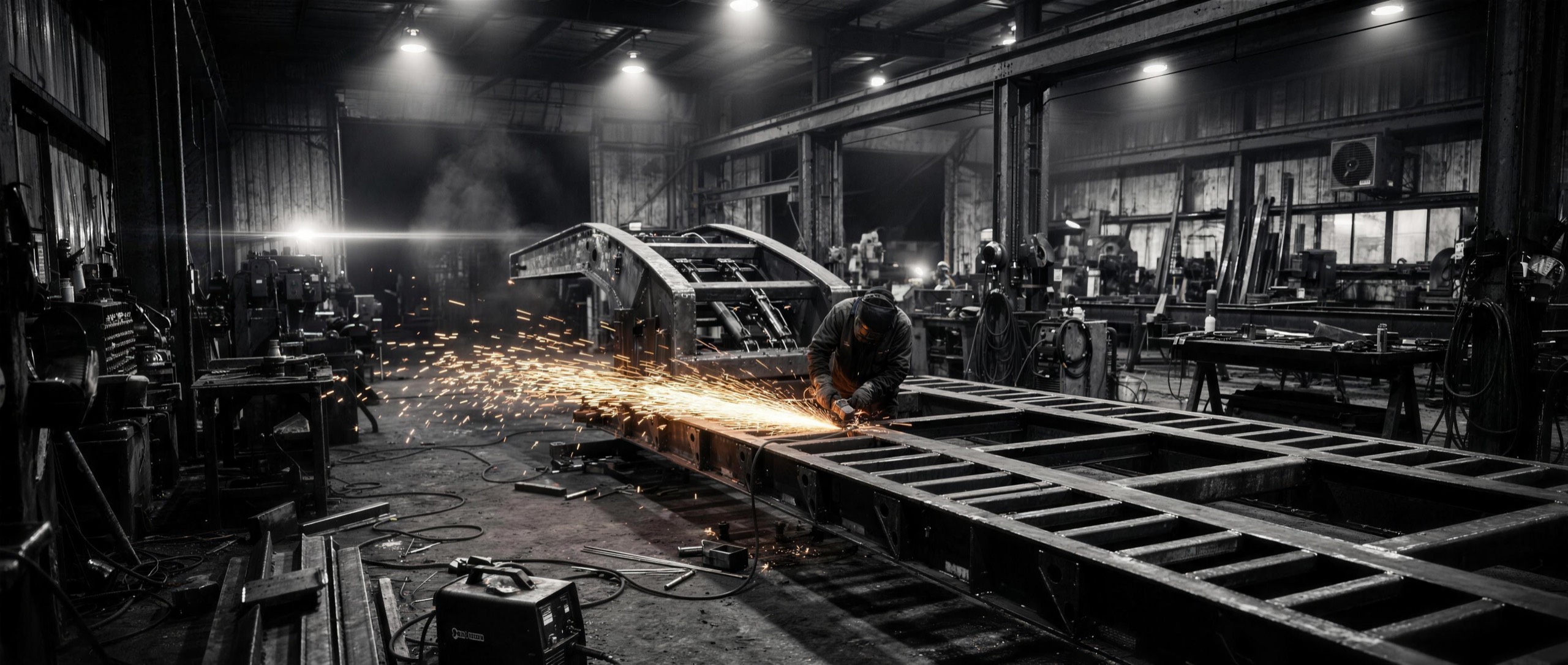 A Pacesetter fabricator grinding a shower of sparks off a lowbed trailer frame under the shop lights, another frame taking shape behind