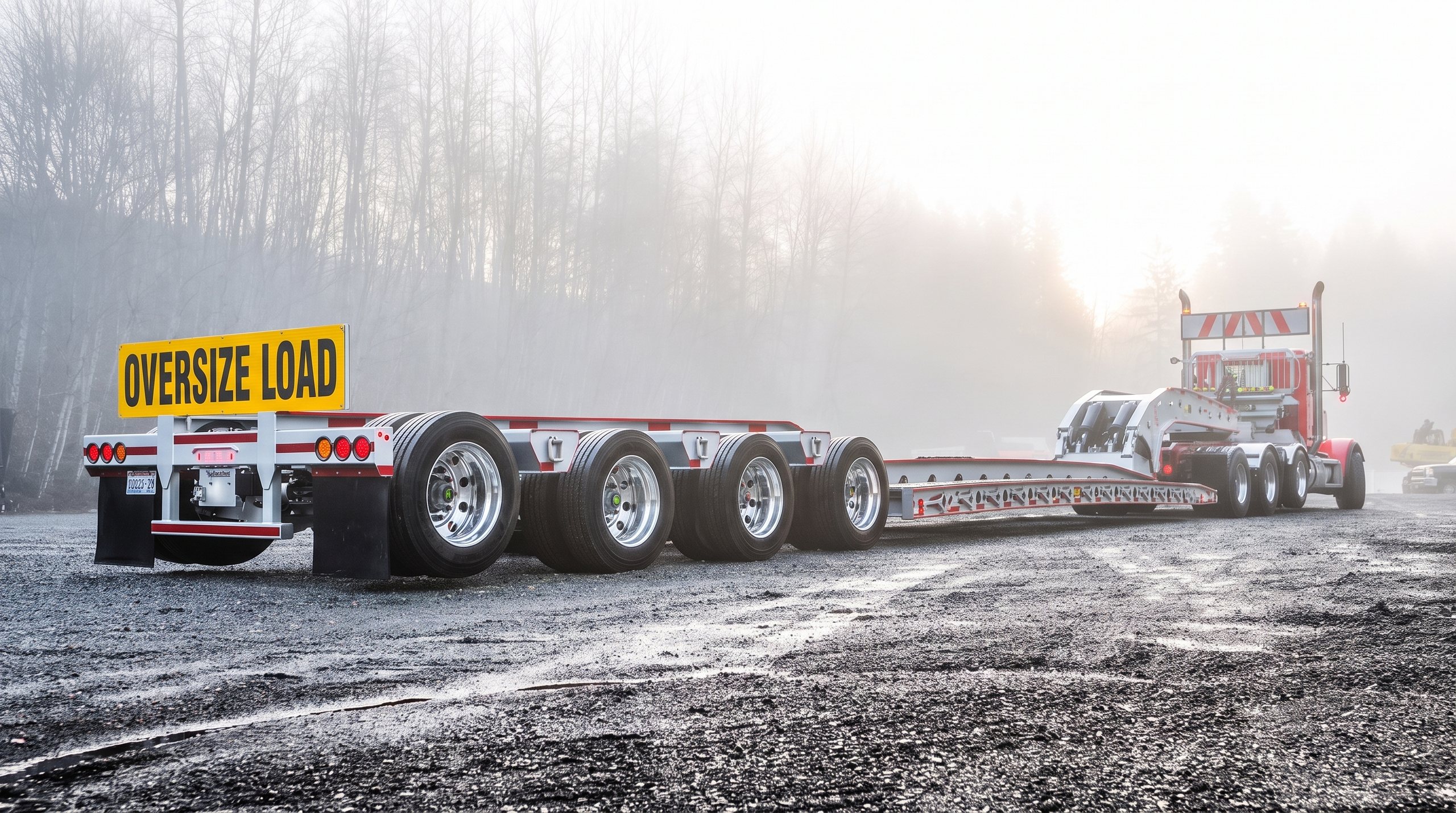 White 75 ton lowbed trailer hitched to a red tractor on a misty morning, seen low along its axles with the oversize load sign up front